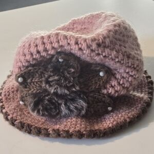 Handmade Pink and Brown Crochet Kids Hat with Flower Accent